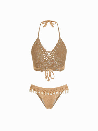 Knit Fabric Knit Halter Neckline Hollow Out Shell Detail Cover Up Set For Vacation Holiday Beach