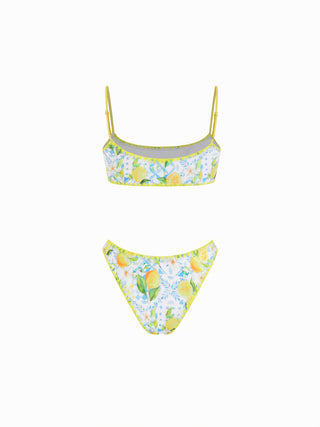 Scoop Neckline Lemon Graphic Contrast Binding Bracelet Bikini Set