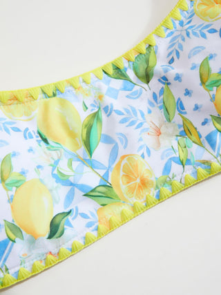 Scoop Neckline Lemon Graphic Contrast Binding Bracelet Bikini Set
