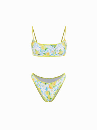 Scoop Neckline Lemon Graphic Contrast Binding Bracelet Bikini Set