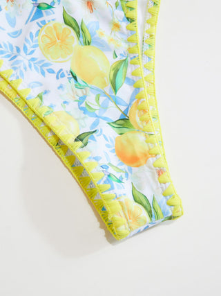 Scoop Neckline Lemon Graphic Contrast Binding Bracelet Bikini Set