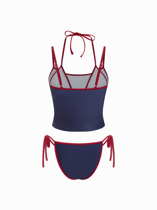 Cape Cod Graphic Halter Neckline Low Rise Contrast Binding 3-Piece Bikini Set