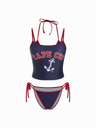 Cape Cod Graphic Halter Neckline Low Rise Contrast Binding 3-Piece Bikini Set