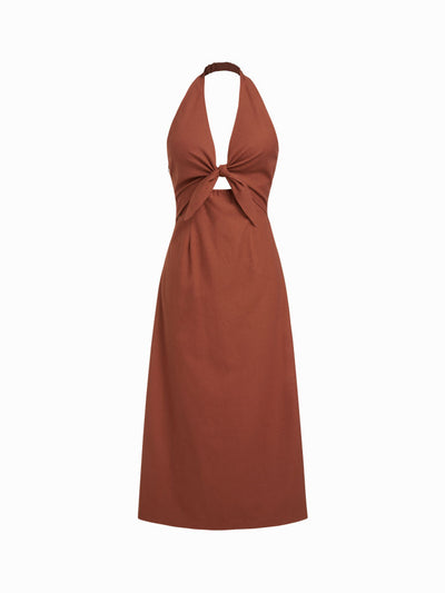 Linen-blend V-neck Cut Out Knotted Maxi Dresses