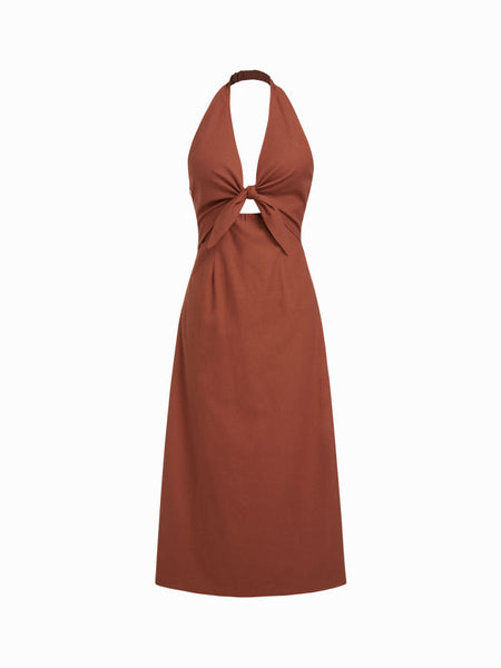 Linen-blend V-neck Cut Out Knotted Maxi Dresses