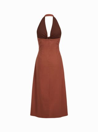 Linen-blend V-neck Cut Out Knotted Maxi Dresses