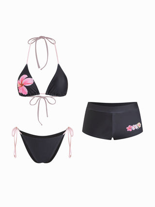 Floral Halter Neckline Tie Side Triangle Bikini Set With Cover Up Shorts