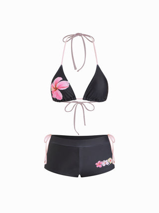 Floral Halter Neckline Tie Side Triangle Bikini Set With Cover Up Shorts