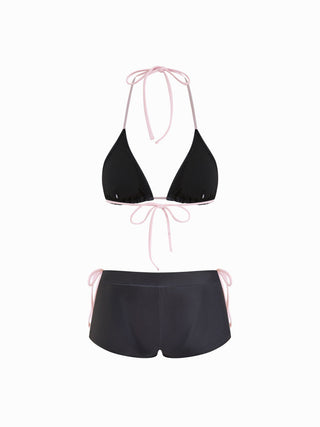 Floral Halter Neckline Tie Side Triangle Bikini Set With Cover Up Shorts