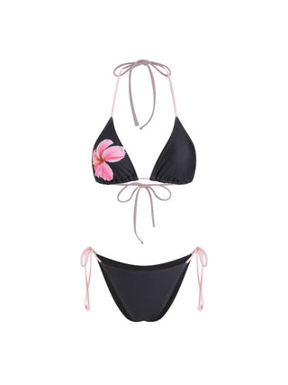 Floral Halter Neckline Tie Side Triangle Bikini Set With Cover Up Shorts