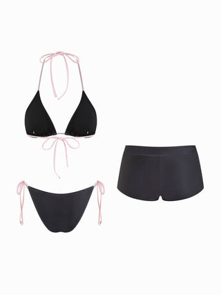Floral Halter Neckline Tie Side Triangle Bikini Set With Cover Up Shorts