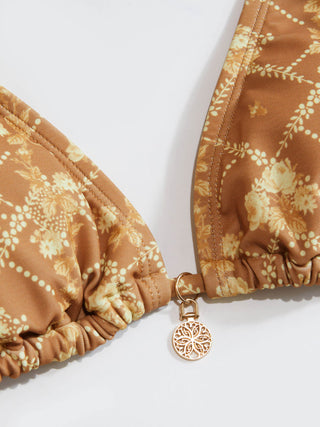 Knit Fabric V-neck Floral Metal Detail Ring Linked Triangle Bikini Set For Vacation Holiday Beach