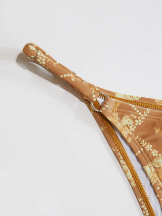 Knit Fabric V-neck Floral Metal Detail Ring Linked Triangle Bikini Set For Vacation Holiday Beach