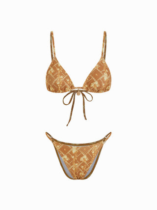 Knit Fabric V-neck Floral Metal Detail Ring Linked Triangle Bikini Set For Vacation Holiday Beach