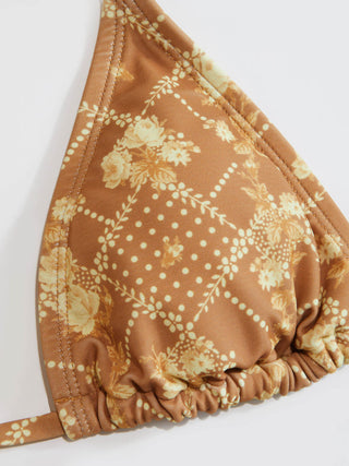 Knit Fabric V-neck Floral Metal Detail Ring Linked Triangle Bikini Set For Vacation Holiday Beach