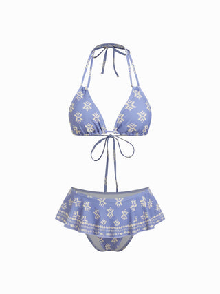 Knit Fabric Aztec Halter Neckline Ruffled Triangle Bikini Set For Vacation Holiday Beach