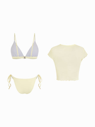 V-neck Ruched Tie Side Bikini Set With Floral Cover Up Top