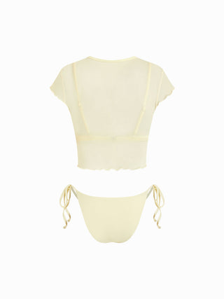V-neck Ruched Tie Side Bikini Set With Floral Cover Up Top