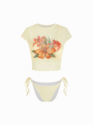 V-neck Ruched Tie Side Bikini Set With Floral Cover Up Top