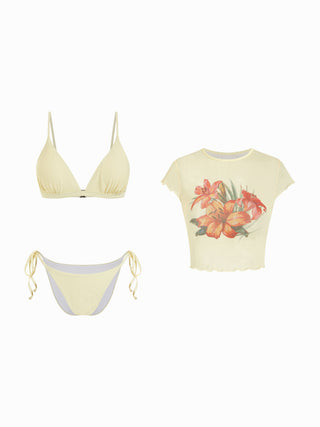 V-neck Ruched Tie Side Bikini Set With Floral Cover Up Top