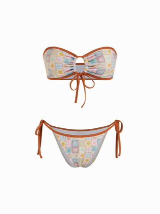 Halter Neckline Sun & Moon Graphic Cut Out Tie Side Bikini Set