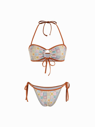 Halter Neckline Sun & Moon Graphic Cut Out Tie Side Bikini Set