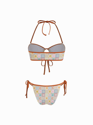 Halter Neckline Sun & Moon Graphic Cut Out Tie Side Bikini Set