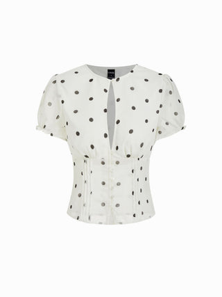 Chiffon Polka Dot Puff Sleeve Cut Out Ruched Blouse