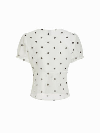 Chiffon Polka Dot Puff Sleeve Cut Out Ruched Blouse