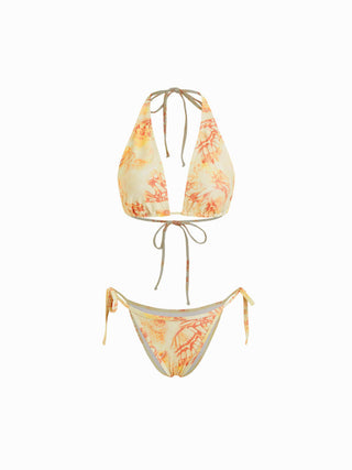 Halter Butterfly Graphic Triangle Low Rise Tie Side Bikini Set With Sarong