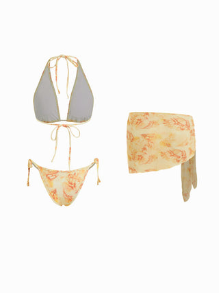 Halter Butterfly Graphic Triangle Low Rise Tie Side Bikini Set With Sarong
