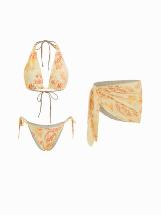 Halter Butterfly Graphic Triangle Low Rise Tie Side Bikini Set With Sarong