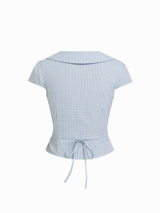 Cotton-blend Gingham Peter Pan Collar Puff Sleeve Bowknot Blouse