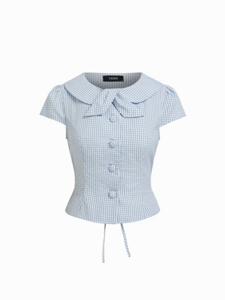 Cotton-blend Gingham Peter Pan Collar Puff Sleeve Bowknot Blouse