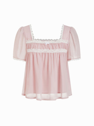 Square Neck Puff Sleeve Lace Trim Bowknot Ruched Oversized Blouse