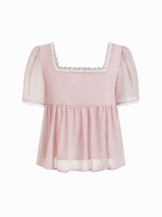 Square Neck Puff Sleeve Lace Trim Bowknot Ruched Oversized Blouse