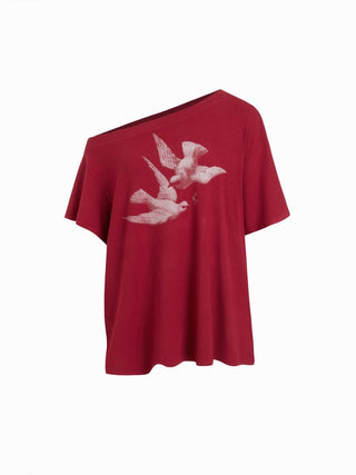 High Stretch Asymmetrical Neck Fish Graphic Oversized Short Sleeve Tee