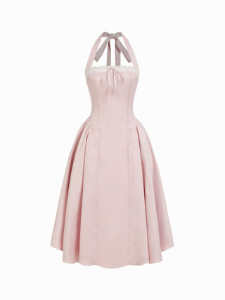 Satin Halter Neckline Bowknot Lace Trim Draped Milkmaid Midi Dress
