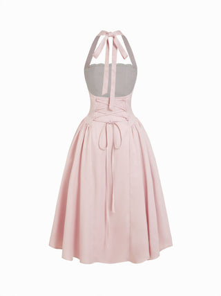 Satin Halter Neckline Bowknot Lace Trim Draped Milkmaid Midi Dress