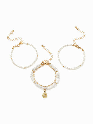 4PCS FAUX PEARL BEADED BRACELET SET