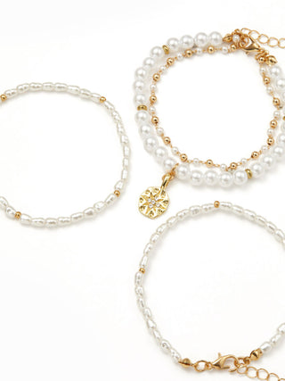 4PCS FAUX PEARL BEADED BRACELET SET