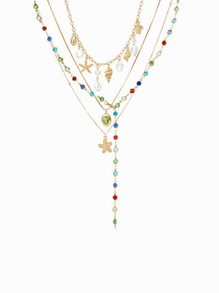 STARFISH & SHELL & RHINESTONE LAYERED NECKLACE