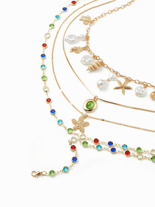 STARFISH & SHELL & RHINESTONE LAYERED NECKLACE