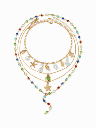 STARFISH & SHELL & RHINESTONE LAYERED NECKLACE