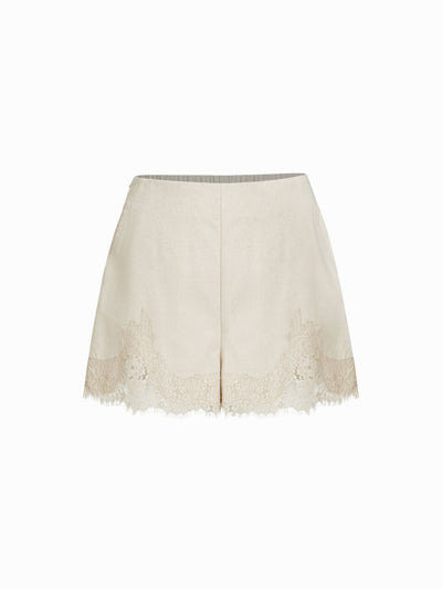 Linen-blend Mid Rise Lace Trim Shorts