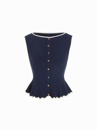 Knit Boat Neck Colorblock Ruffled Hem Metal Button Vest