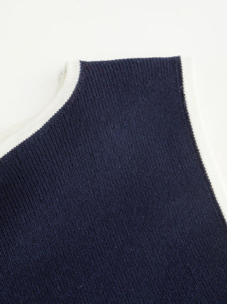 Knit Boat Neck Colorblock Ruffled Hem Metal Button Vest