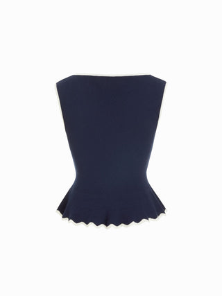 Knit Boat Neck Colorblock Ruffled Hem Metal Button Vest