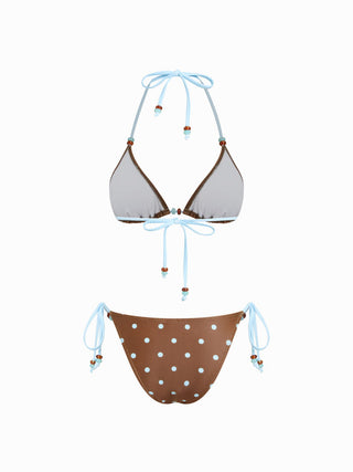 Halter Neckline Polka Dot Beaded Triangle Tie Side Bikini Set