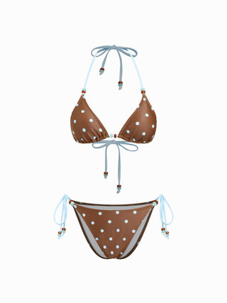 Halter Neckline Polka Dot Beaded Triangle Tie Side Bikini Set